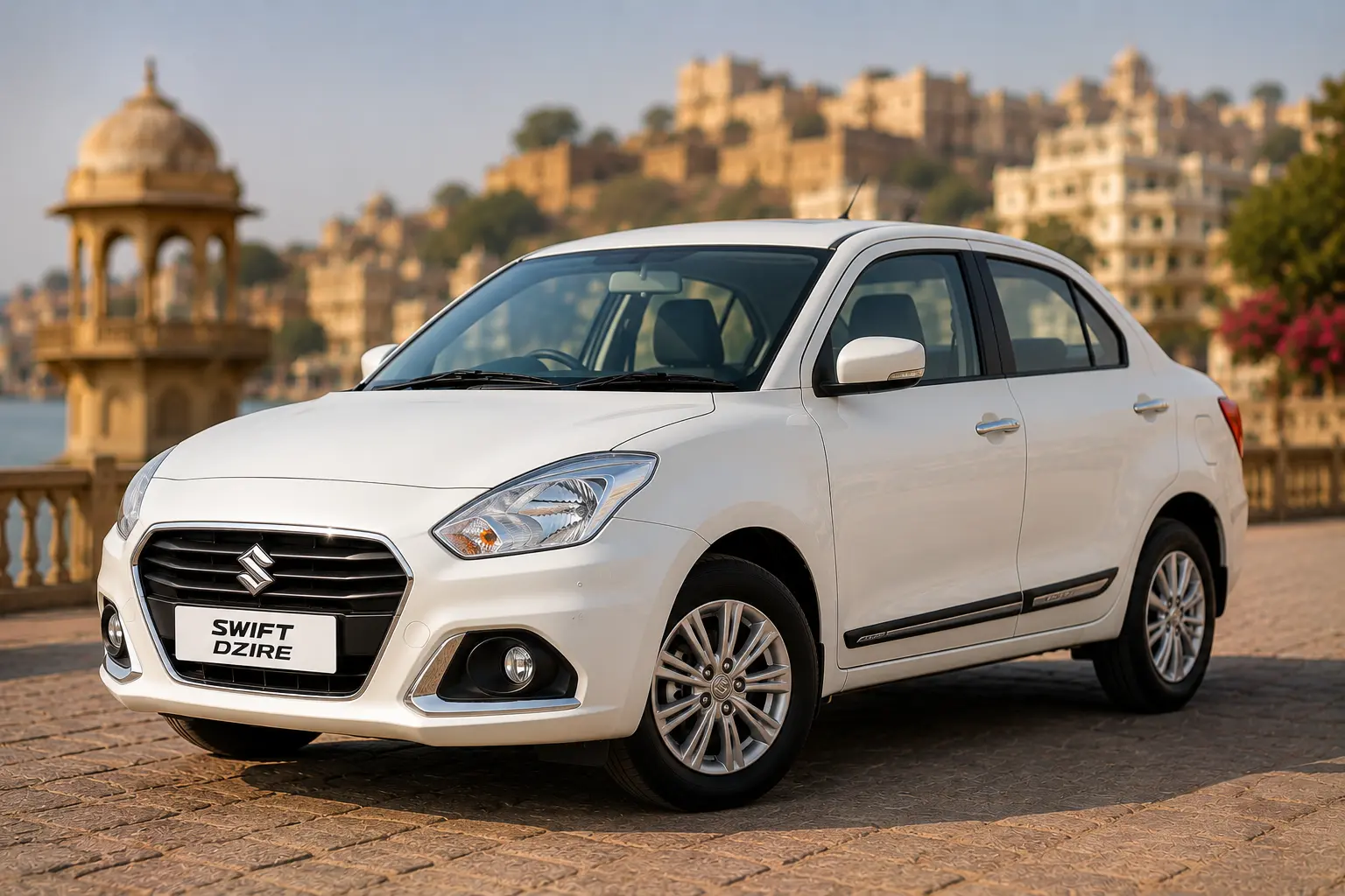 Swift Dzire white sedan