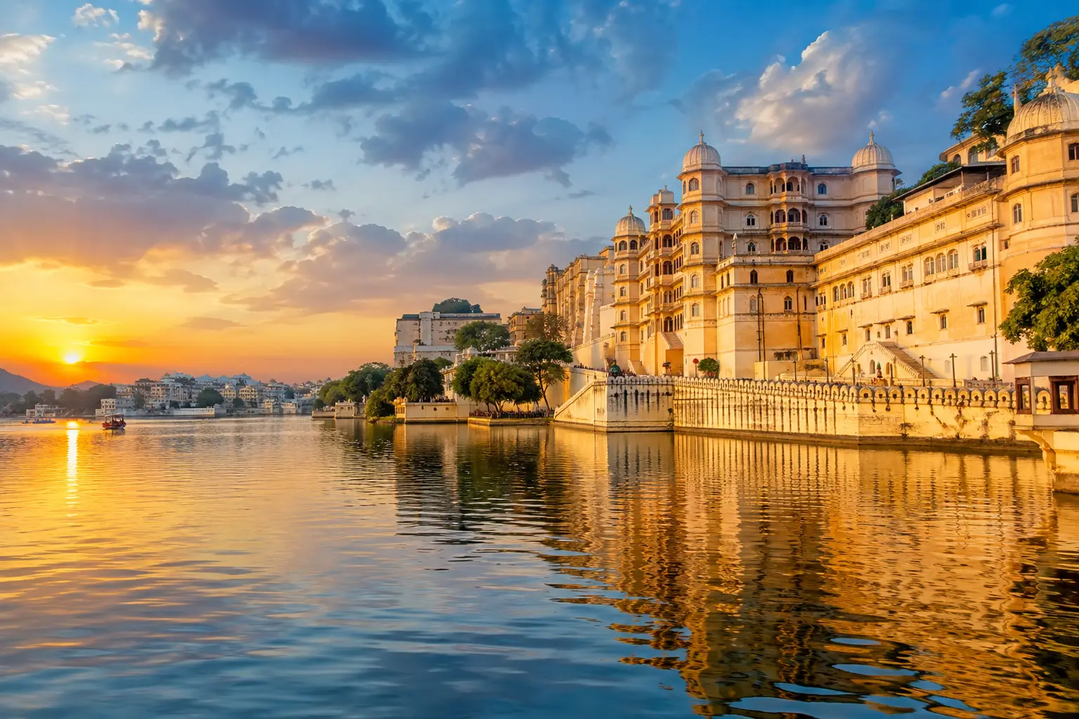 City Palace overlooking Lake Pichola at sunset, Udaipur, Rajasthan